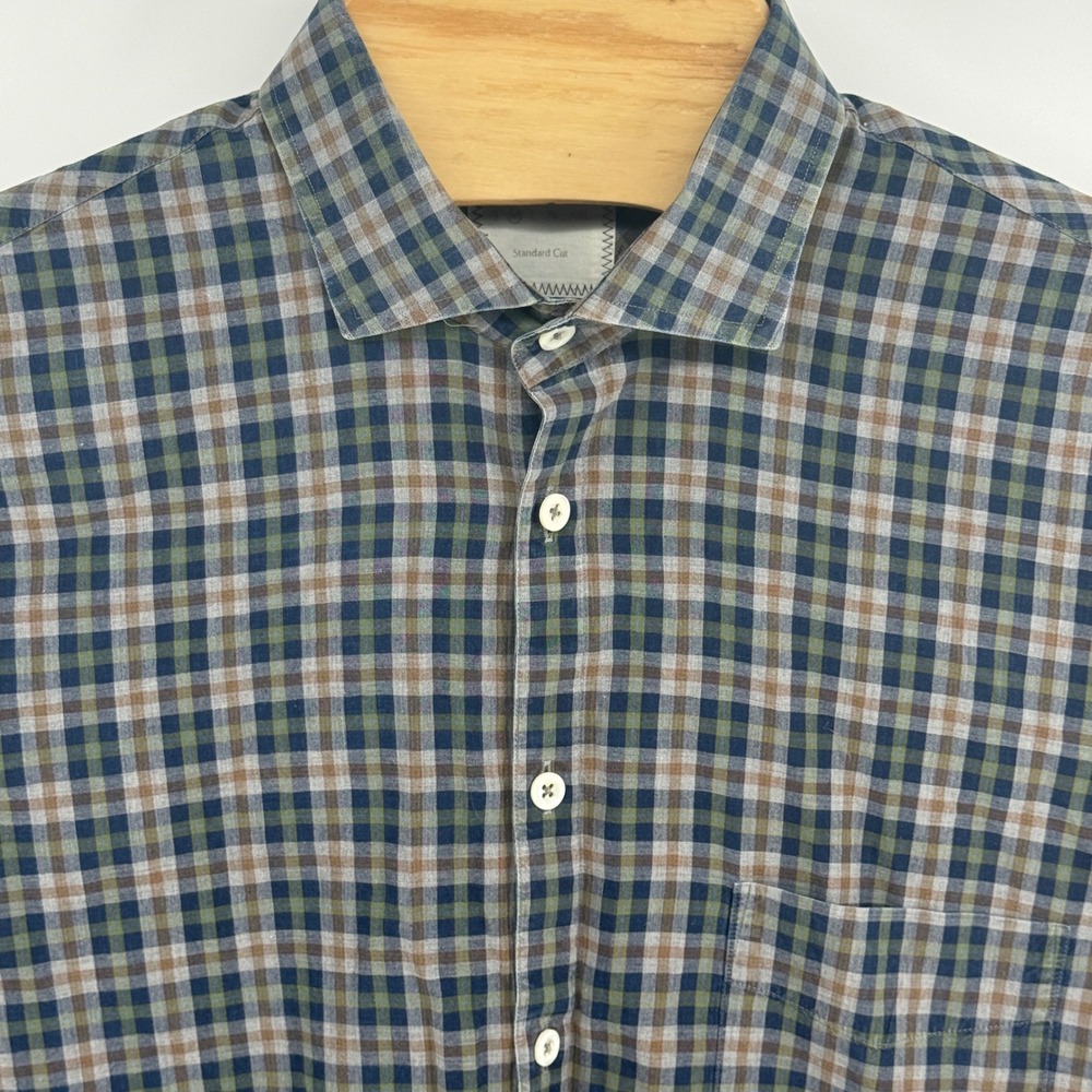 Billy Reid Mens Medium Standard Cut Plaid Button Down Shirt Blue Green Cotton